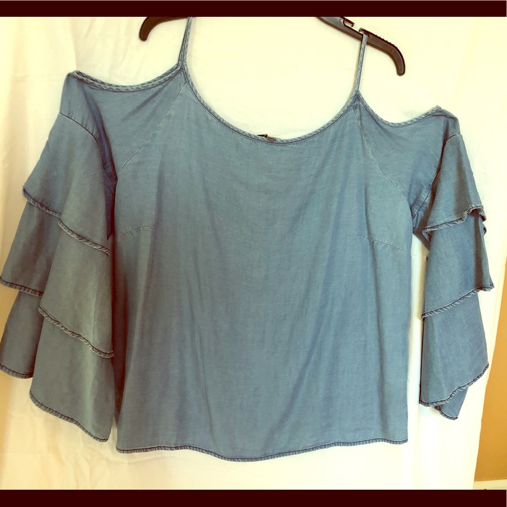 Inc Cut Out Shoulder Denim Ruffle Arm Shirt